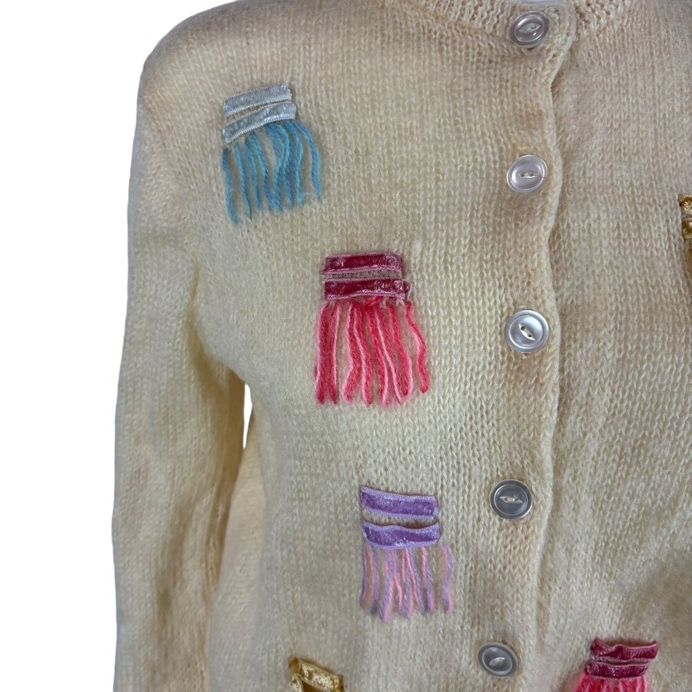Vintage 60s Mohair Cardigan Women's Medium Pastel Yarn Details Wool Sweater - Picture 5 of 9